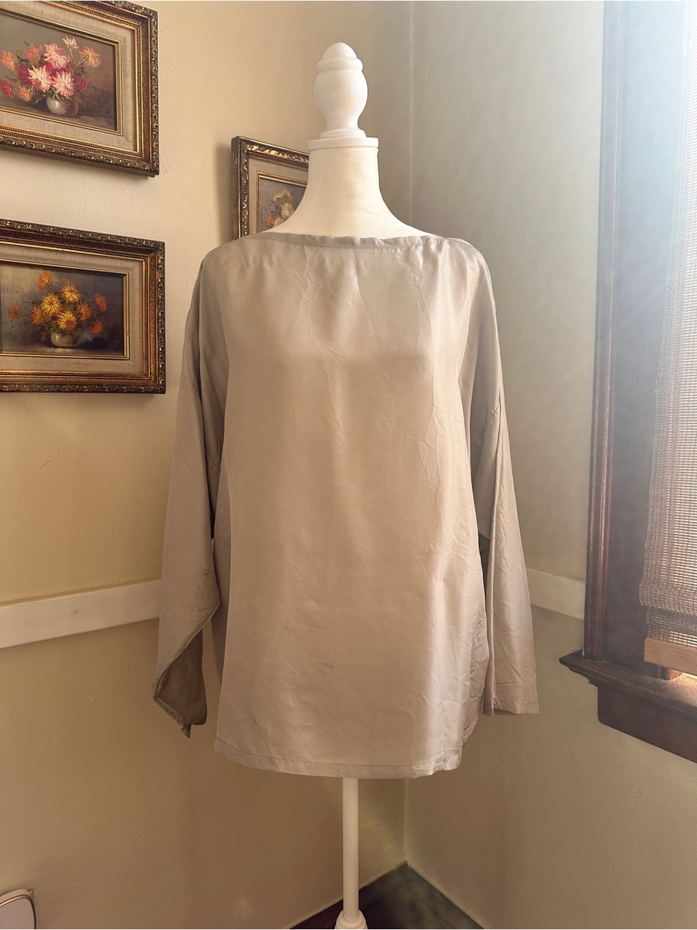 100% Silk Elegant Taupe Gray Cape Top